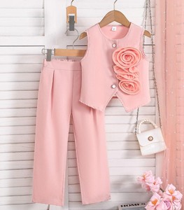 Conjunto de Dos Piezas para Niñas, Estilo Vintage, Top Recto Sólido + Pantalones de Campana con Botones - Product Image 6