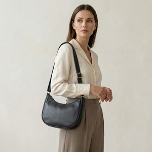 Women Genuine Leather Durable Single Zipper <b>Small</b> Crescent Crossbody <b>Bag</b> Minimalist Half Moon Shoulder Handbag for Travel <b>Black</b> - Product Image 2