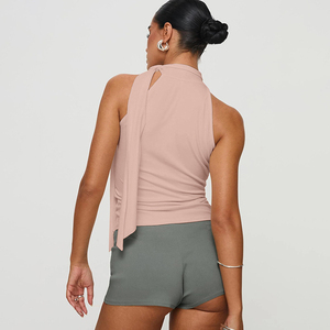 Women's Pink Halter <b>Neck</b> Ruched Tank Top Solid Knitted Sleeveless Casual Breathable Spandex Cotton Short Length Fixed <b>Pad</b> Top - Product Image 2