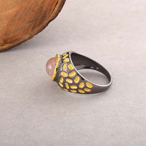 S925 Sterling Silver Bohemian <b>Cocktail</b> Fine <b>Ring</b> With Pink Oval Rose Quartz Bezel Setting 22K <b>Gold</b> Plated Precious Fine Jewelry - Product Image 2