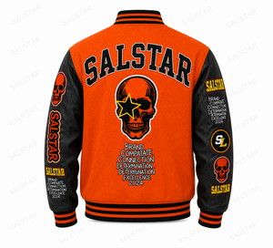 Veste universitaire personnalisée pour homme, veste bomber de baseball noire et orange avec broderie de crâne | Fabricant en gros OEM/ODM - Product Image 2