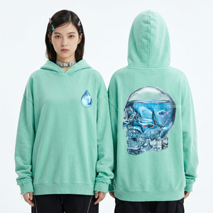 Sudadera con capucha de felpa oversize verde menta con estampado de calavera de cristal, gráfico de peces de acuario y gotas de agua, teñido sostenible, estilo streetwear - Product Image 1