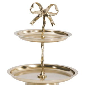 Charming Two <b>Tier</b> Golden <b>Cake</b> Stand Featuring Smooth Circular Trays And A Unique Central Stem Topped With A Bow For Serving - Product Image 2