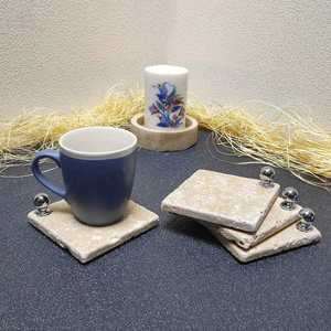 Elegant Travertine <b>Coaster</b> Set of 4 Tumbled Square Natural Stone <b>Coasters</b> With <b>Silver</b> Ball Accessory for Coffee Table Tea - Product Image 6