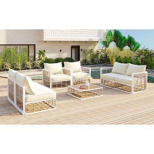TOPMAX moderno minimalista 7 pezzi Set di mobili da giardino in metallo per tutte le stagioni per interni da esterno bianco cuscini spessi mobili da caffè - Product Image 1