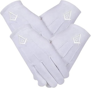 2 Pair Masonic <b>Gloves</b> White Embroidered Square And Compass Logo Cotton <b>Gloves</b> Fabric <b>type</b> 100 % Cotton - Product Image 1
