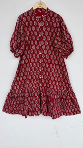 Women's Red Floral Print Cotton <b>Shirt</b> Dress Mandarin Collar Tiered Maxi Dress Puff Sleeve <b>Boho</b> Casual Flowy Summer Dress - Product Image 1
