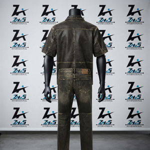 Two Piece <b>Short</b> <b>Sleeves</b> <b>Button</b>-<b>up</b> Casual Autumn Wear With Side Pockets Two-Piece Tracksuit Vintage Leather Suits - Product Image 2