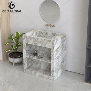 Meuble-lavabo de salle de bain moderne en marbre avec vasque carrée en pierre, miroir sans cadre inclus, finition polie, design sur pied - Product Image 5