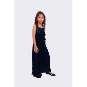 Women's Velour 2-Piece Shorts Set-Navy Blue Sleeveless Embroidered <b>Top</b> - Product Image 3