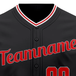 Camiseta de béisbol para hombre, uniforme deportivo personalizado con nombre del equipo 00, estampado negro y rojo, poliéster, con botones, corte regular, para todas las estaciones - Product Image 3