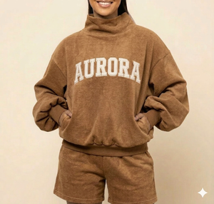 Women Mock Neck Top And <b>Shorts</b> Ease Outfit Warm Cozy Smooth Feel Relaxed Wear Everyday Style Elegant Clothing - Product Image 1