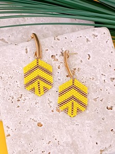 Handmade Beaded <b>Earrings</b> Yellow Gold Tone Geometric Pattern Fashion Statement Jewelry - Product Image 2