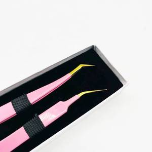 Morje Surgical <b>Pink</b> Eyelash Tweezers Set Stainless Steel Precision <b>Tools</b> with Serrated & Toothed Tips 10mm Length in <b>Box</b> - Product Image 3