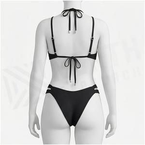 Ensemble de bikini color block pour femme, haut bandeau et bas string, avec bordure contrastante, maillot de bain extensible - Product Image 2