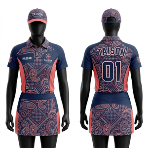 Camiseta de golf para mujer, premium, tela transpirable de spandex, diseño de paneles con estampado paisley en azul marino y coral, logotipo bordado por sublimación personalizado - Product Image 1