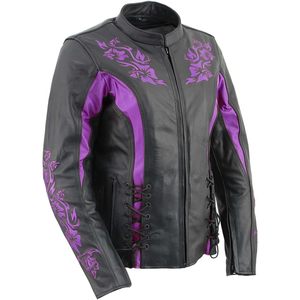 Chaqueta de Cuero Bordada Negra y Morada Premium para Mujer LKL27002 2025, Protección CE, Ropa para Motociclismo y Automovilismo - Product Image 2
