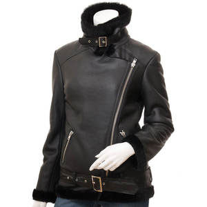 Chaqueta de Piel de Oveja Genuina para Mujer, con Logotipo Personalizado, Tejida, Ecológica, Estilo Motero, Cuello Alto, Transpirable, Diseño Sólido, para Invierno - Product Image 3