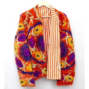 <b>Velvet</b> Knitted Breathable Embroidered Floral Mandarin Collar Full Sleeve Autumn Women's <b>Jacket</b> with Hand Embroidery Design - Product Image 3