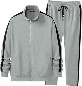 Ensemble de survêtement unisexe gris à manches longues avec fermeture éclair, col montant, couleur unie, poches latérales, coupe régulière, tenue décontractée d'automne - Product Image 1