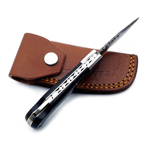 Handmade Damascus Steel Foldable Pocket Knife Black Horn <b>Back</b> Lock Leather Sheath Wood Handle Hunting Camping MORTAL SAGA - Product Image 4