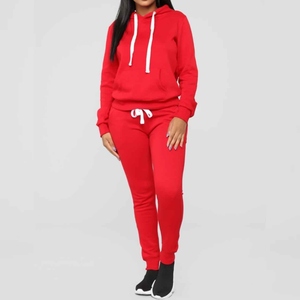 Women Plus Size Red Hooded Tracksuit Set Solid Color Cotton Casual Sweatshirt Pants Full Sleeve Loose Fit Autumn Wear - Product Image 3