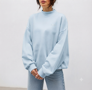 Sudadera Oversize de Cuello Alto para Mujer, Azul Claro, Algodón, Manga Larga, Corte Holgado, Color Sólido, para Otoño - Product Image 1