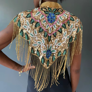 Luxury Gold Hand Embroidered Beaded Fringe Cape Blouse Designer Sequin Tassel Shoulder Collar <b>Top</b> for Wedding & Stage Wear - Product Image 1