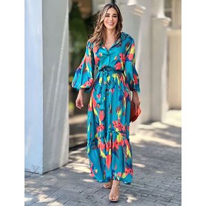 Abito Lungo da Donna con Stampa a Contrasto, Monopetto, Maniche a Lanterna, Collo a Volant, Stile Casual Autunnale - Product Image 6