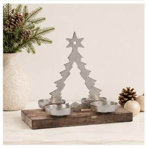 Eco-friendly Aluminium Christmas <b>Tree</b> Candle Holder With Rustic Wooden Base 4-Cup Silver Metal Tea <b>Light</b> Stand For Festive Table - Product Image 2