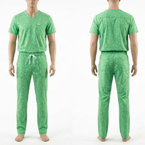 Men Printed <b>Scrub</b> <b>Set</b> Premium Polyester Stretch Fabric 180 GSM Green V Neck Medical Top Jogger Pants Custom Logo Sublimation <b>Set</b> - Product Image 1