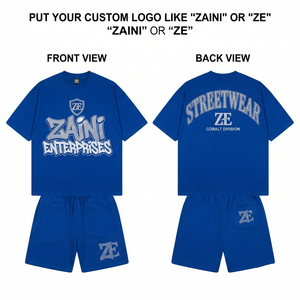 Ensemble T-shirt et short pour homme ZAINI ZI-139, 280 GSM, polyester épais, bleu royal, broderie chenille personnalisée, broderie à la main, embossé - Product Image 1
