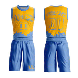 Conjunto de Uniforme de Baloncesto Personalizado Amarillo y Azul Sublimado con Nombre del Equipo 00 Sin Mangas Malla Transpirable Unisex Uniforme de Baloncesto Sublimado - Product Image 1