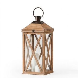 Vintage Farmhouse Wooden Candle Lantern with <b>Distressed</b> Finish and Metal <b>Top</b> Decorative Hanging Floor Lantern for Wedding Garden - Product Image 6