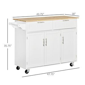 Carrello da Cucina Portatile Bianco con Piano in Legno Resistente e 2 Cassetti - Product Image 3