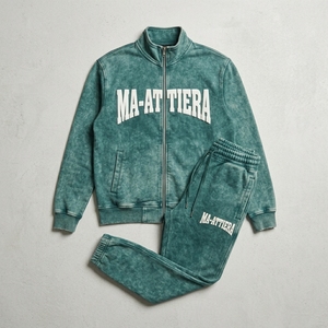 Conjunto Deportivo para Hombre en Verde Azulado con Efecto Desgastado, Chaqueta Bordada con Cierre y Pantalones Jogger, Ropa Deportiva, Casual y Urbana - Product Image 4