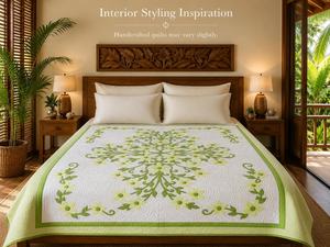 Lime <b>Green</b> Hawaiian Hand Quilted Bedspread With Tropical Flower Applique Handmade Cotton Quilt For Summer Bedroom Decoration - Product Image 5