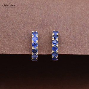 New Arrival 14k Yellow Gold Latch <b>Back</b> Huggie Hoops 2mm Round Cut Blue Sapphire Gemstone Wholesale <b>Earrings</b> at Discounted Price - Product Image 5