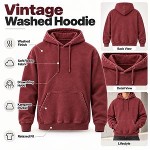 Sudadera con Capucha Oversize Vintage Lavada para Hombre, Acabado Desgastado Retro, Estilo Urbano Holgado, con Bolsillo Canguro, Bordado Personalizado, Venta al por Mayor - Product Image 5