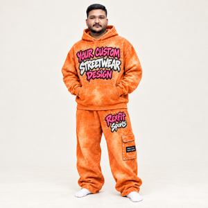 Acid Wash Pullover Tracksuit Unisex Graphic Sweatshirt <b>Cargo</b> Pocket Baggy <b>Pants</b> Custom Streetwear Heavyweight Fleece Set - Product Image 1