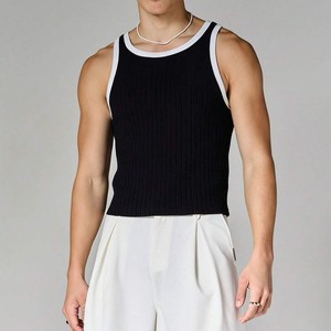 2026 New Arrival <b>Men's</b> Black Ribbed Knit Tank Top With <b>White</b> Trim Casual Sleeveless <b>Vest</b> O-Neck Solid Color Breathable Fit <b>Vest</b> - Product Image 1