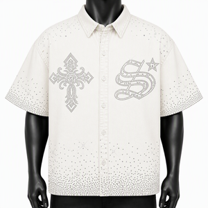 Custom Men Denim Short Sleeve <b>Shirt</b> <b>Y2K</b> Rhinestone Diamond Cross Sparkle Bling Button Down Oversized Hip Hop Streetwear Top Jean - Product Image 2