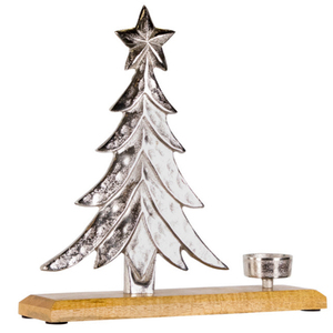 Árbol de Navidad Metálico con Copas Caídas y Adorno de Estrella, Portavelas para Tealight con Base de Madera de Mango - Product Image 2