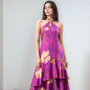 Vestido Midi Ecológico de Verano para Mujer, Transpirable, Estampado Digital, Sin Mangas, 100% Algodón, Estampado Liso, Georgette Natural - Product Image 1