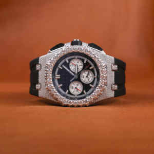 Handmade Custom Men's Mechanical Wrist <b>Watch</b> Chrono Half Iced Out VVS Moissanite Diamond <b>Black</b> Dial Fully Customized Rubber Band - Product Image 1