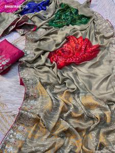 Premium Quality Moss Chiffon Silk with Bandhej Print & Foil <b>Gota</b> Patti work & RIch Pallu Saree-Mono Work Blouse Indian Supplier - Product Image 3