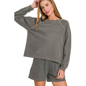Ensemble 2 pièces en molleton français Zenana pour femme, teinture pigmentaire et lavage enzymatique, vêtements confortables de qualité supérieure, noir, taille S - Product Image 2