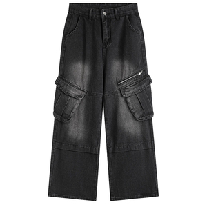 Sports World Jeans Cargo pour Hommes, Taille Basse, Coupe Droite, Multi-Poches, en Denim Léger, Délavé, Style Streetwear Décontracté - Product Image 1