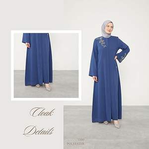 ชุดอาบายะห์สีน้ำเงินสำหรับผู้หญิง ผ้าโพลีเอสเตอร์ชีฟอง ปักลายด้วยคริสตัล งานปักแบบดั้งเดิมของชาวมุสลิม ชุดอาบายะห์สไตล์ตุรกี - Product Image 5