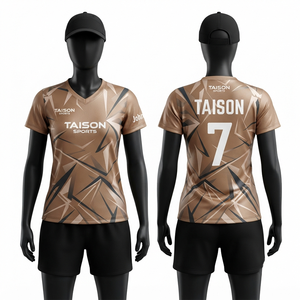 เสื้อแบดมินตันผู้หญิง ผ้าโพลีเอสเตอร์พรีเมียม 160 GSM แห้งเร็ว สีน้ำตาลเบจ ลายเรขาคณิต สกรีนโลโก้ ชื่อ และหมายเลขตามสั่ง - Product Image 1